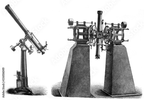 Nautic intstruments like astrolabe and telescope / Antique engraved illustration from Brockhaus Konversations-Lexikon 1908 photo