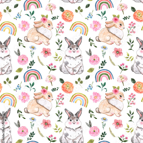 Watercolor cute Easter bunny seamless pattern.Hand drawn baby rabbits, bright spring flowers, leaf, rainbow on pink background. Nursery design illustration