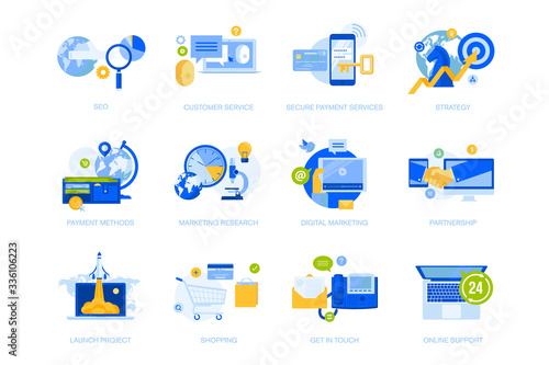 Flat design icons collection. Vector illustrations for business strategy, communication and support, startup, online payment, shopping, seo, internet marketing. Icons for graphic and web design.