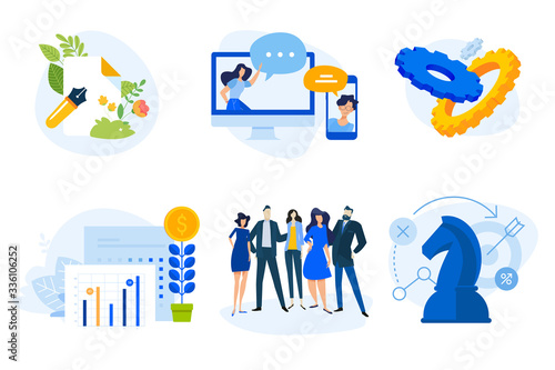 Flat design concept icons collection. Vector illustrations for business planning and strategy, project development, finance and investment, online communication, team, copywriting. 