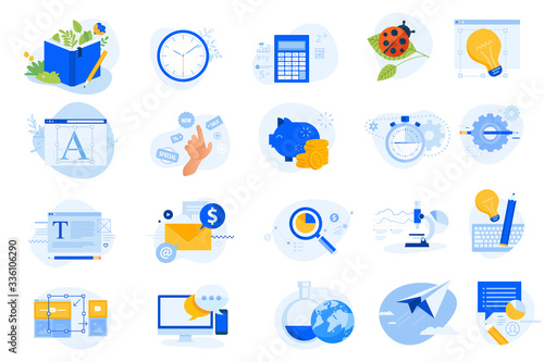 Flat design icons collection. Vector illustrations for graphic design, data analysis, market research, project management, online communication, social media, email marketing, shopping, savings.