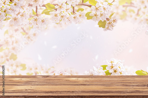 Empty wooden table and blurred branches of blossom cherry against background. Natural template with beauty bokeh. Concept Spring banner for products display or advertising. Copy space