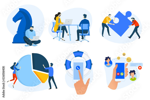 Flat design concept icons collection. Vector illustrations of business strategy, analysis and solutions, teamwork, human resources, social network, online support. Icons for graphic and web designs, m