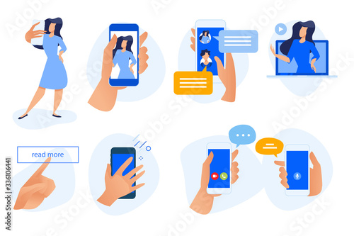 Flat design concept icons collection. Vector illustrations of social media, networking, smartphone services and using, selfie, video call and communication. Icons for graphic and web designs.