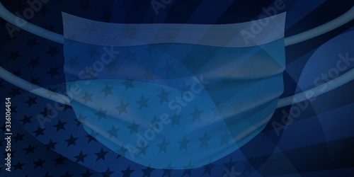 American flag with a medical disposable mask for protection of coronavirus in dark blue colors