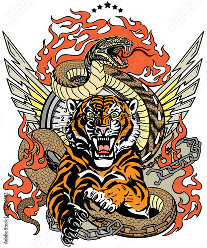roaring tiger in the jump and snake like road. Design template include broken chain, tongues of flame and wings. Biker Tattoo. Vector illustration