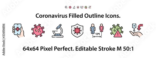 Coronavirus Filled Outline Set Icons. 64x64 Pixel Perfect. Editable Stroke M 50:1