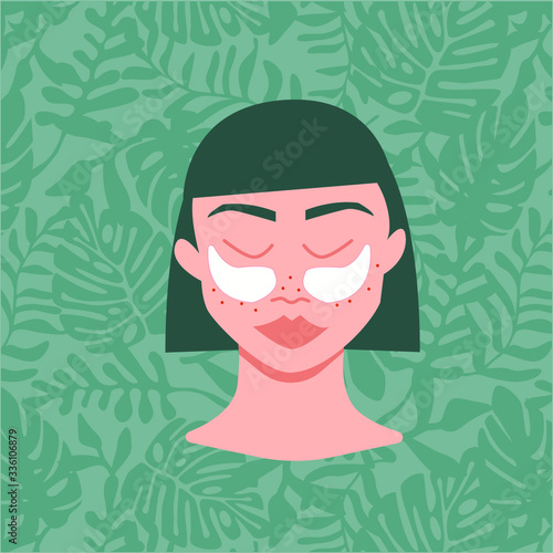 Vector illustration with white girl with eye paches on the green background with blue hair. Self care, beauty routine. Cartoon flat style. Handraw. For poster design, web pages, cosmetology industry.