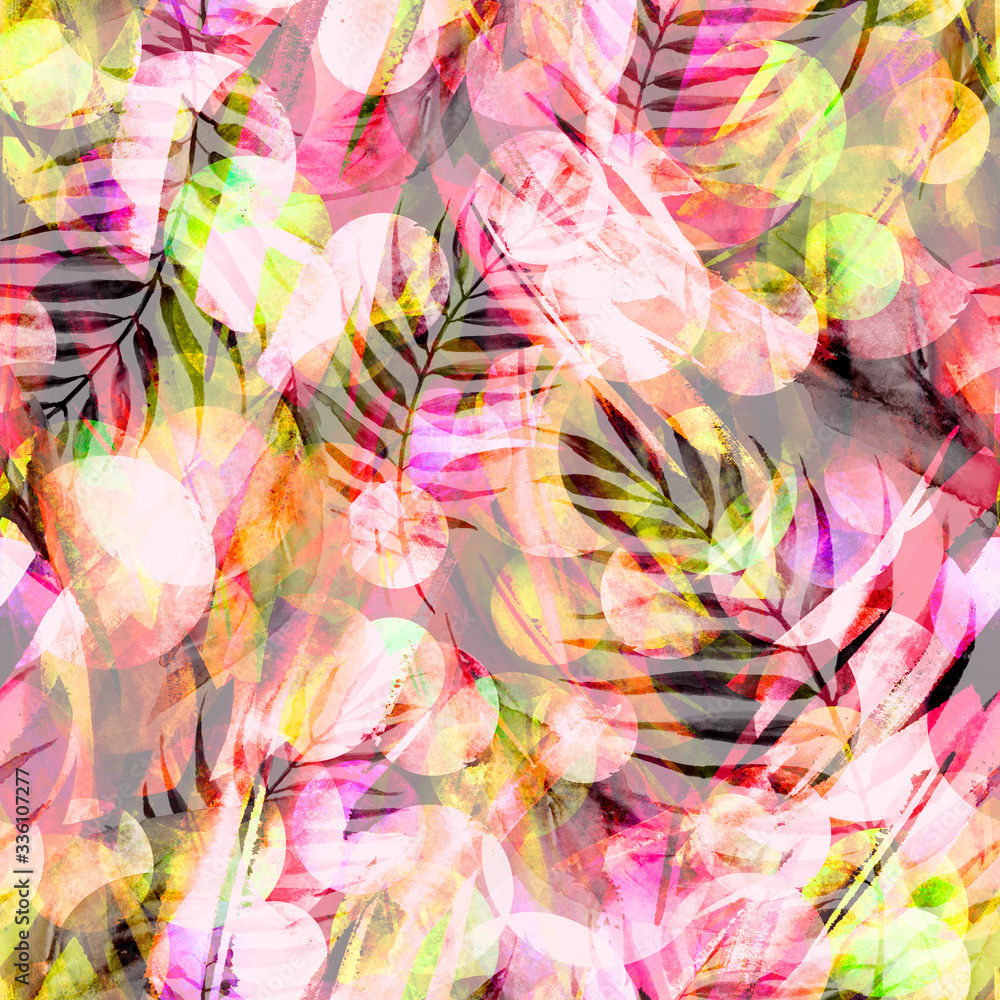 Tropical leaves. Watercolor leaves of a tree, palms,fern, nettle, abstract red of splash. Watercolor abstract seamless background, pattern, spot, splash of paint, blot, divorce, color. Tropic pattern