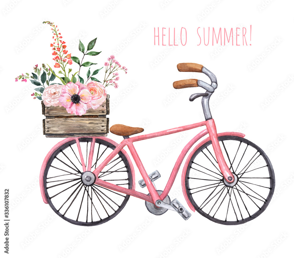 Watercolor pink vintage style bicycle with wooden box and flower bouquet. Cute city bike with floral basket illustration, isolated on white background. Hand drawn summer travel theme
