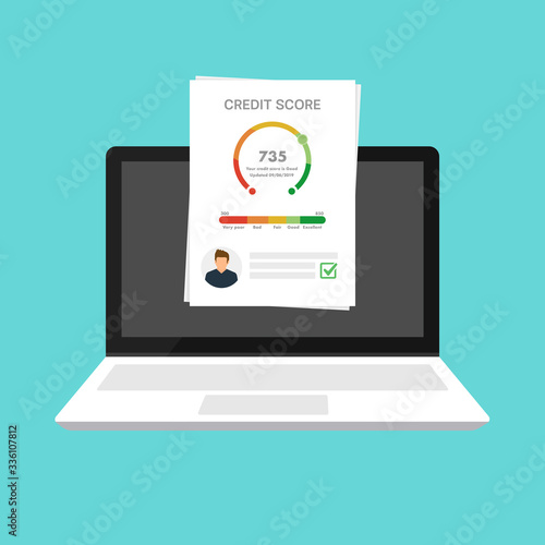 Credit report, flat vector illustration concept of personal credit score on laptop screen. Your information and financial rating.