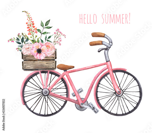 Watercolor pink vintage style bicycle with wooden box and flower bouquet. Cut...