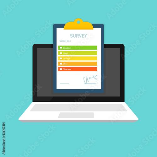 Online form survey on laptop vector illustration, paper sheet document on clipboard, on-line questionnaire results on desktop table flat cartoon, digital check list or internet test.