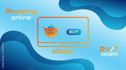 Online shopping concept. Vector banner in orange and blue colors. Monitor screen with shopping basket and buy button. Next to the inscription 24/7. Banner for online stores, sites and social networks.