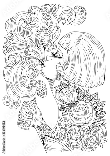 Vector profile glamorous woman with a haircut bob, let a pair vaping e-cigarette. Girl with tattoo rose and thorns holding vaporizer electronic cigarette. Smoking patterned girl. Poster vape bar. 