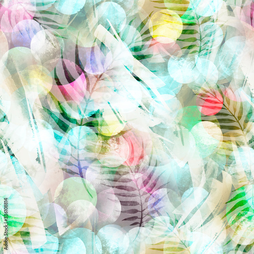 Tropical leaves. Watercolor leaves of a tree, palms,fern, abstract blue pink of splash. Watercolor abstract seamless background, pattern, spot, splash of paint, blot, divorce, color. Tropic pattern