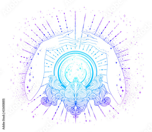 Vector drawn fortuneteller female hands conjure above a magic crystal ball on a patterned stand. The magic rays of the cosmic universe. Mage attributes in colorful light Isolated on a white background