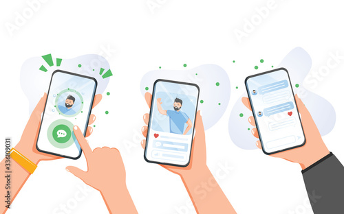 New chat messages notification on mobile phone. Sms bubbles on cellphone screen. People chatting. Vector flat design photo