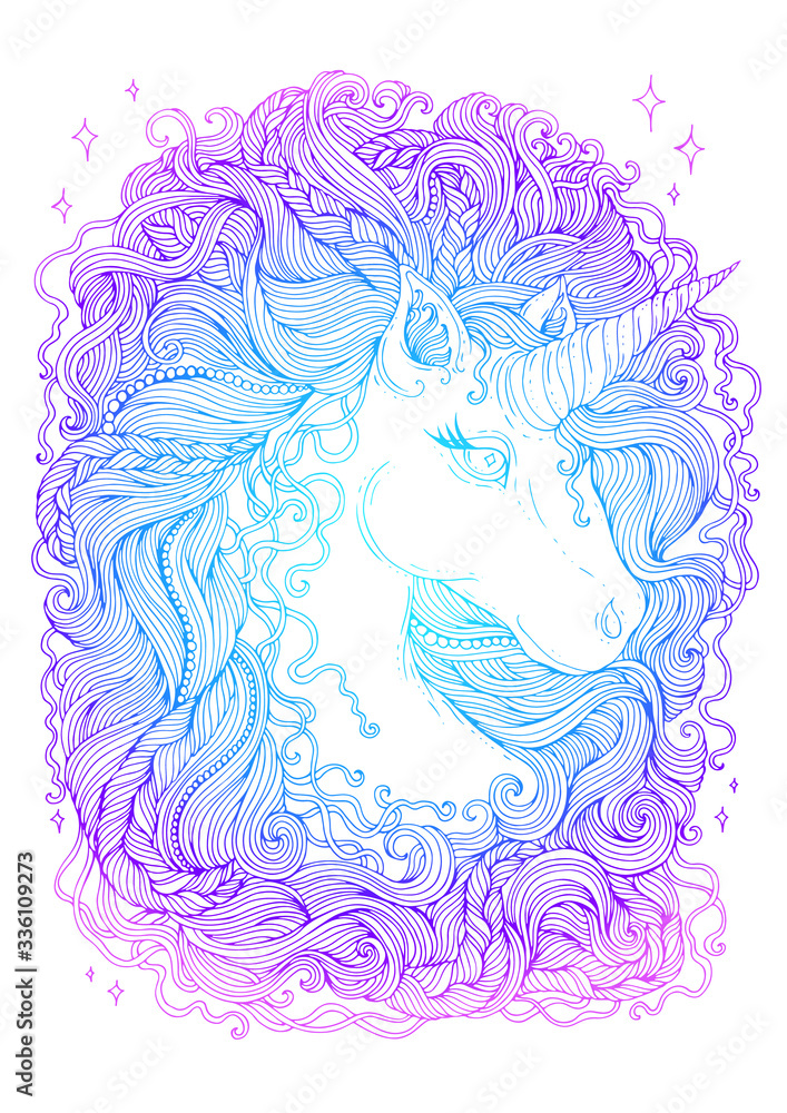 JPEG drawn portrait of a fabulous unicorn with wavy developing hair mane with braided pigtails and beads. Colored lines Sweet dreams. Design card, print t-shirts. Fairy tale mythical characters.  

