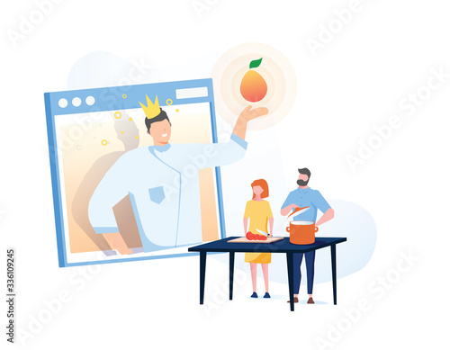Relatives in self-isolation, quarantine spare time, covid pandemic background. Online family party, online cooking