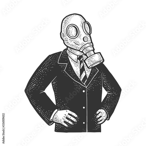 gas mask politician sketch engraving vector illustration. T-shirt apparel print design. Scratch board imitation. Black and white hand drawn image.
