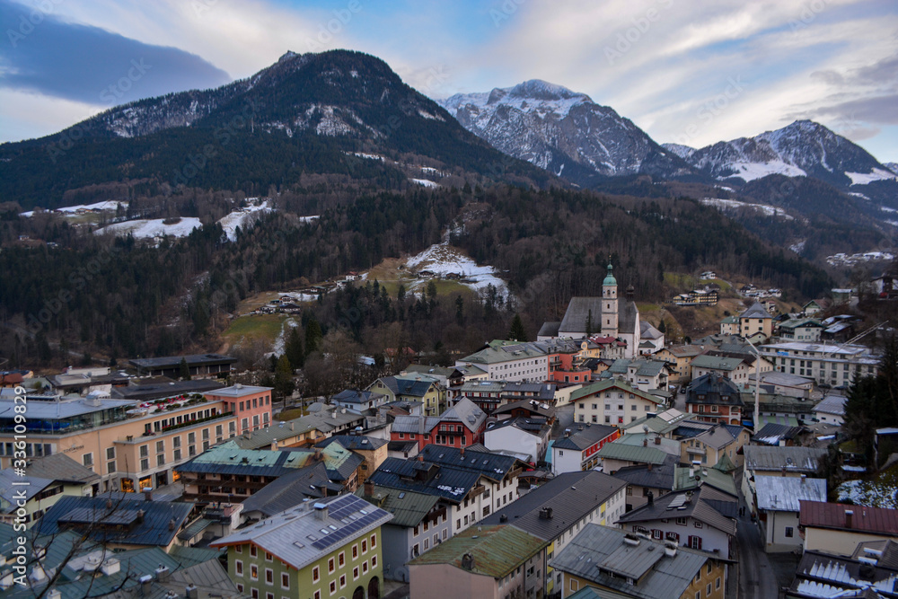 View of Berchtesgaden from above in winter