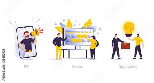Marketing campaign, workflow planning and time management. Business funding, money investing cliparts set. PR, events