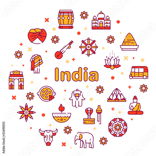 Vector color line icon round set India culture