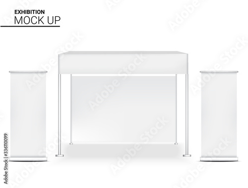 3D Mock up Realistic Booth Display POP for Shop Sale Marketing Promotion Exhibition with Roll up Banner Template Background Illustration