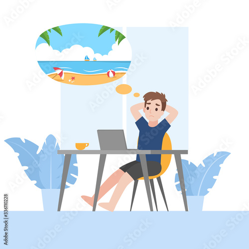 Bored Young man at home want to travel. Working from home, Stay home stay safe. Social Distancing, People keeping distance for decrease infection risk and disease for prevent Corona virus.