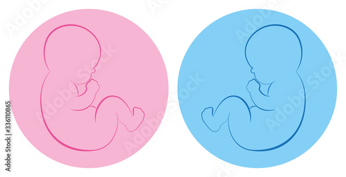 Twins pictogram. Baby boy and baby girl on blue and pink round background. Isolated outline vector illustration.
