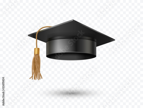 Graduate college, high school or university cap isolated on transparent background. Vector 3d degree ceremony hat with golden tassel. Black educational student icon.