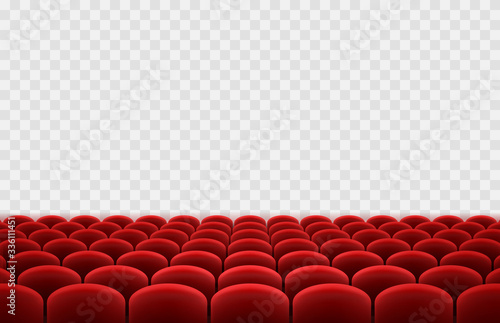 Cinema or movie seats isolated on transparent background. Vector rows of realistic red theater chairs. Empty hall, show stage template.
