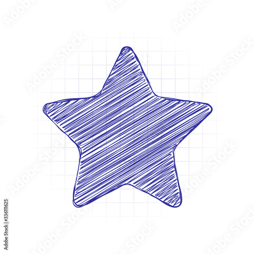 Star icon. Hand drawn sketched picture with scribble fill. Blue ink. Doodle on white background