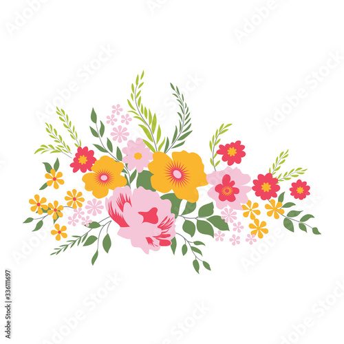 Mixed flowers and leaves with white background vector design illustration 