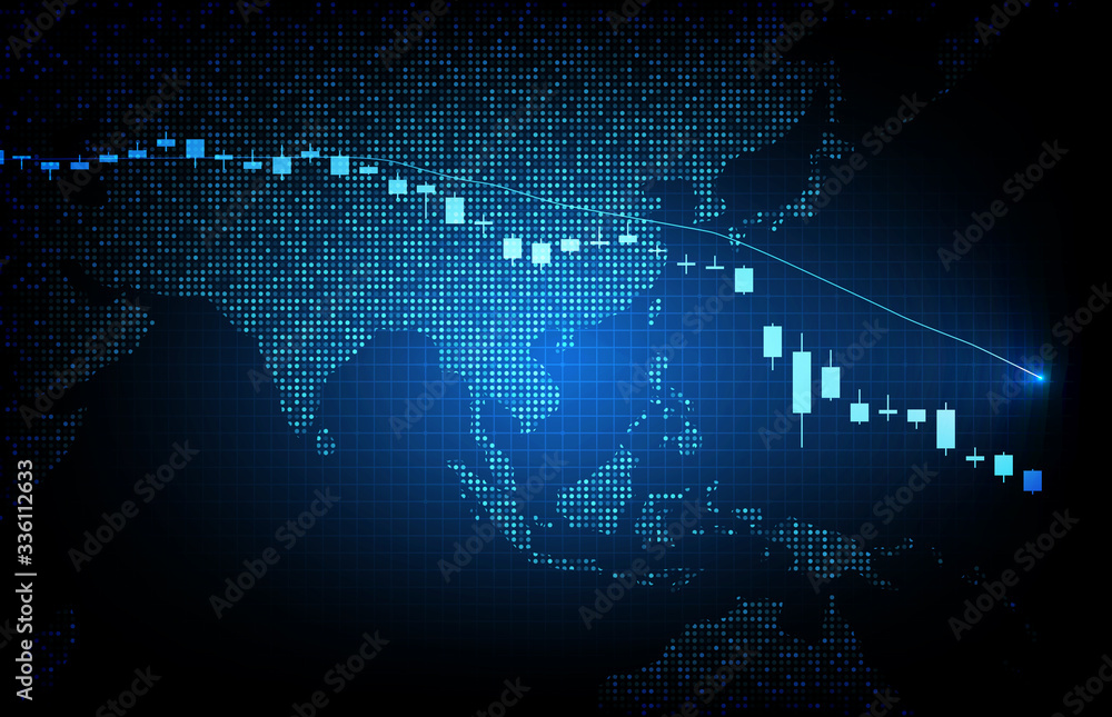 abstract background of futuristic technology digital dots world maps and economy crisis down stock market graph