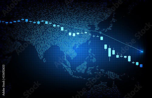 abstract background of futuristic technology digital dots world maps and economy crisis down stock market graph