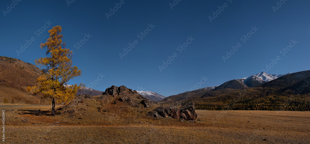 Russia. Sunny autumn day in the Altai mountains. Late autumn at the North-Chuya mountain range in the heart of the Kurai steppe.