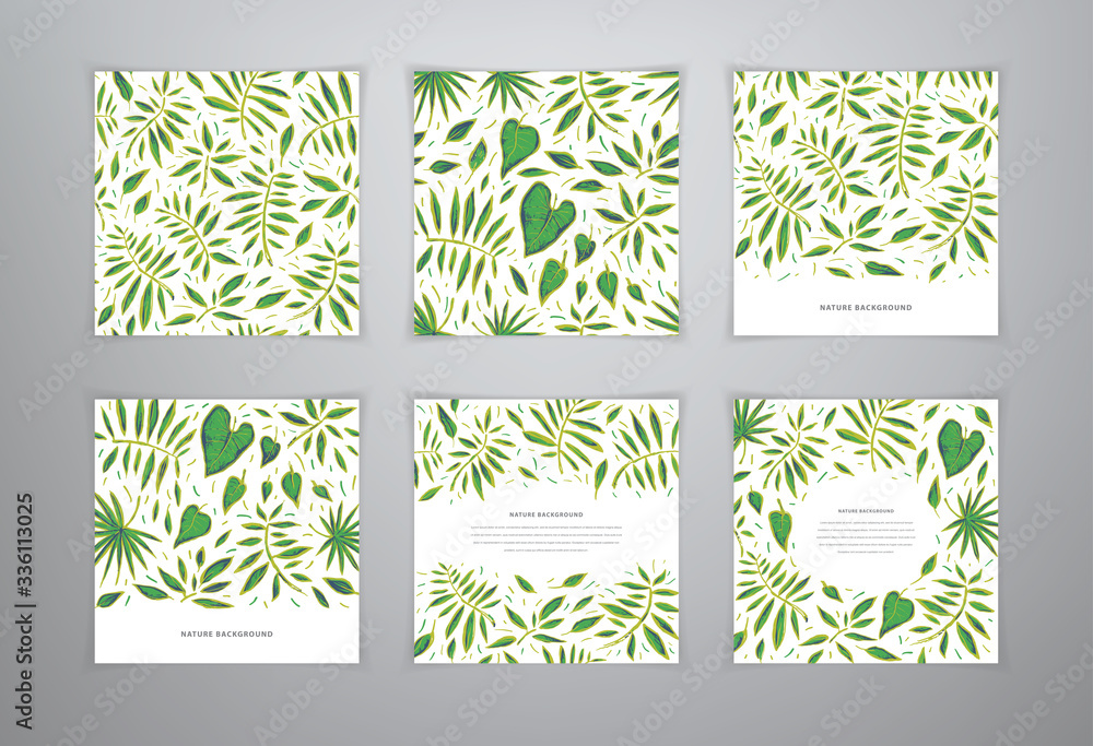 Set vector green tropical grunge templates. Frame with exotic stylized plant. Vector Seamless leaves background.