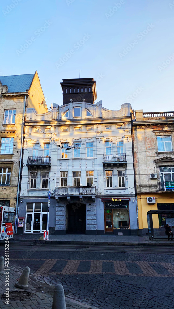 Naklejka premium Lviv, Ukraine - December 08, 2019: Streets and architecture of the old city of Lviv