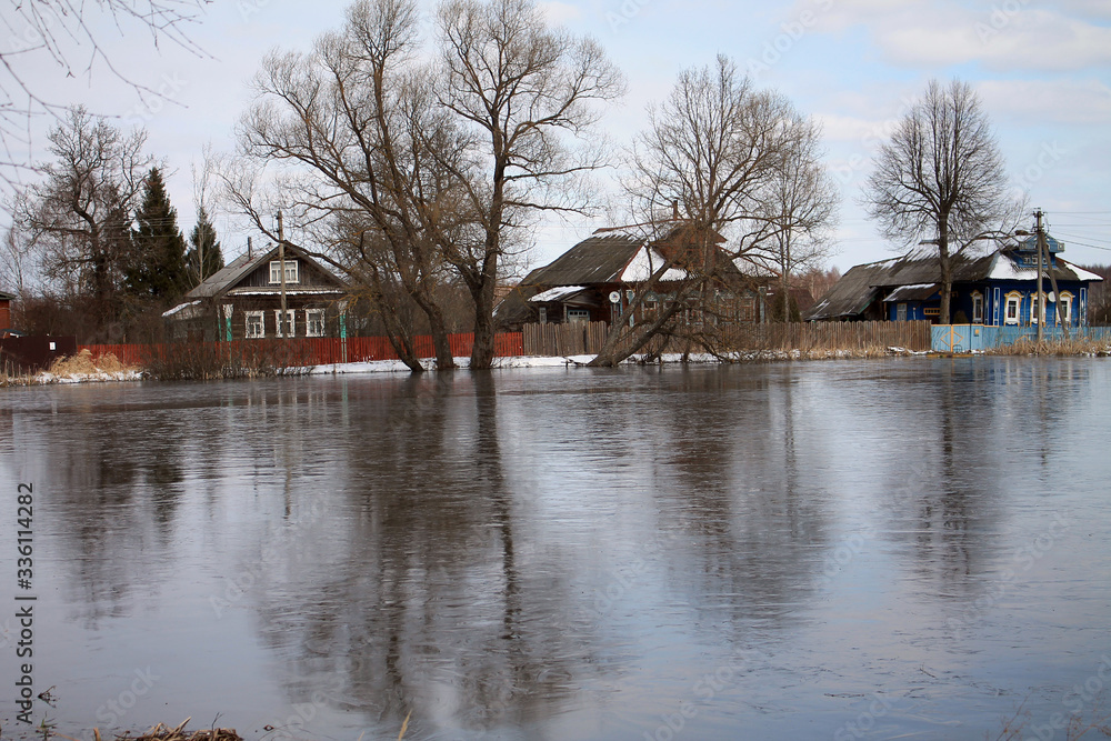 Obraz premium Houses near the water. Trees are reflected on ice.
