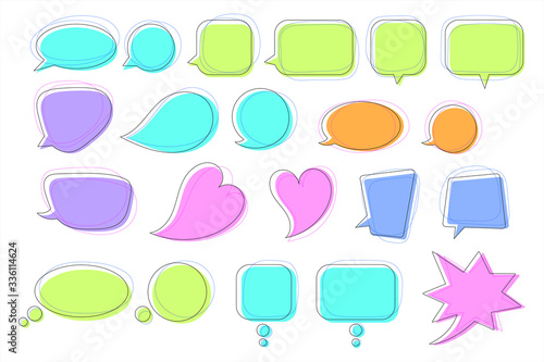 Set of trendy colorful speech bubble shapes. Talking, speaking, chatting, screaming, thinking balloons. Text banners, frames, stickers, badges collection. Circle, square, oval, heart silhouettes.