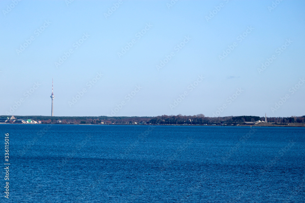 view to the tallinn bay of baltic sea with tv tower on the background