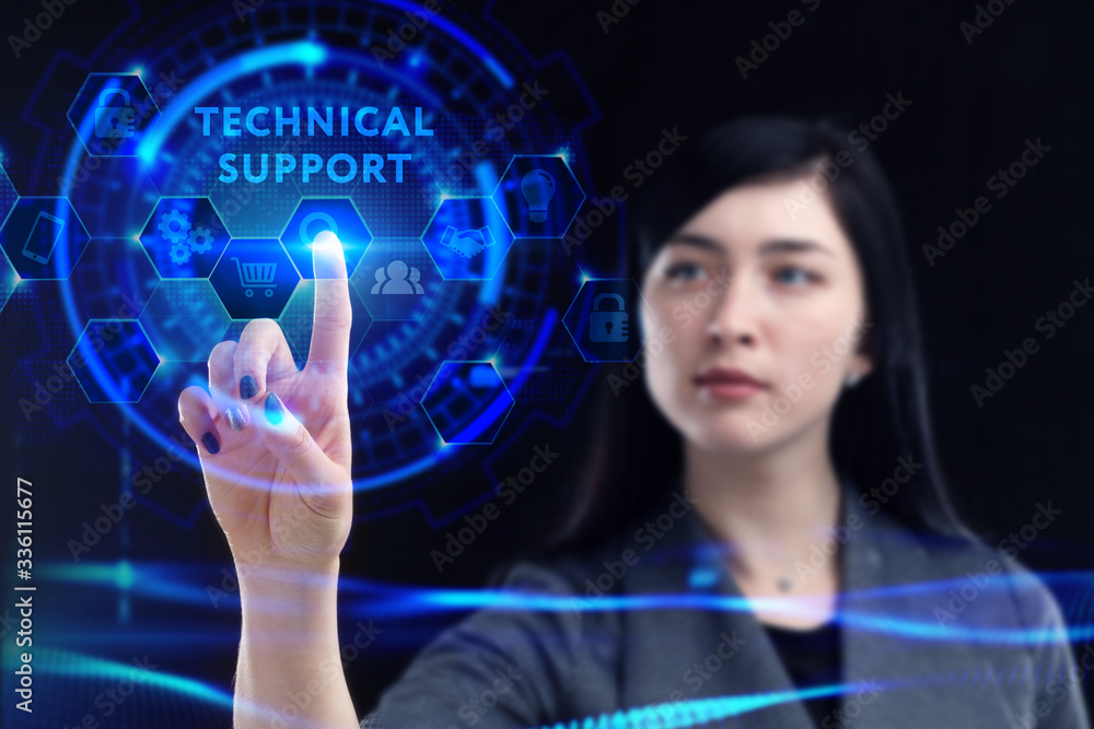 Business, Technology, Internet and network concept. Young businessman working on a virtual screen of the future and sees the inscription: Technical support Business, Technology, Internet and network concept. Young businessman working on a virtual screen of the future and sees the inscription: Technical support
