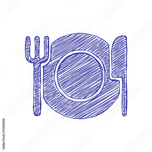 cutlery. plate fork and knife. simple silhouette. Hand drawn sketched picture with scribble fill. Blue ink. Doodle on white background