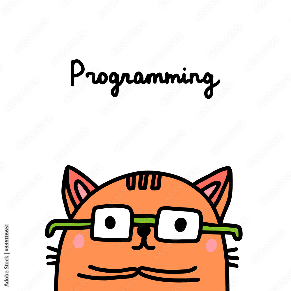 Cat programming coding hand drawn vector illustration in cartoon comic ...