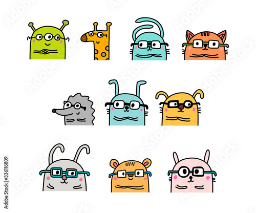 Set programming coding wild domestic animals in cartoon comic style vibrant colors print poster card banner