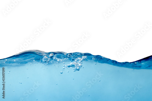 The water wave, The water surface is clean, blue in color, underwater with small bubbles and a white background.
