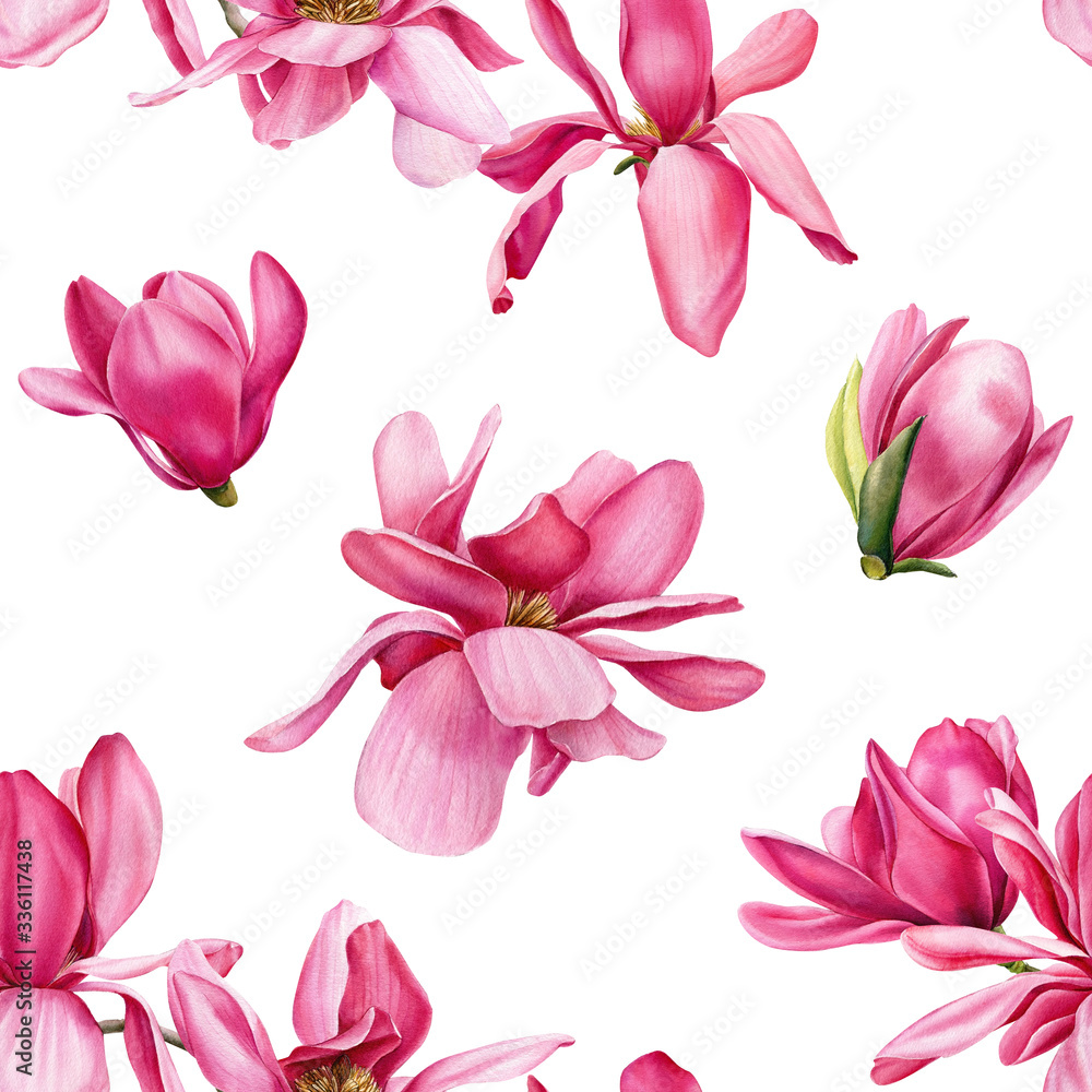 seamless pattern of pink magnolia on an isolated white background, watercolor flowers seamless pattern of pink magnolia on an isolated white background, watercolor flowers