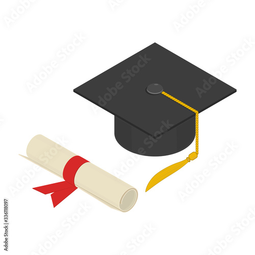 Graduation cap and diploma scroll, isometric design. 3D render. Vector illustration.
